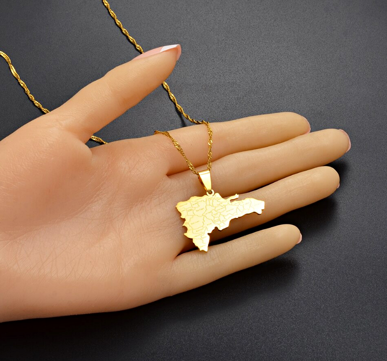 Dominican Republic Map with Cities Pendant Necklace