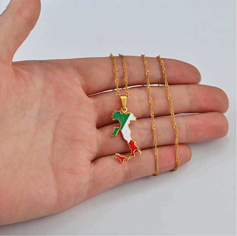 Italy Map with Flag Pendant Necklace