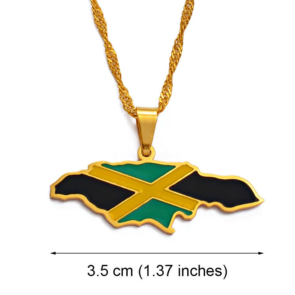 Jamaica Map with Flag Pendant Necklace